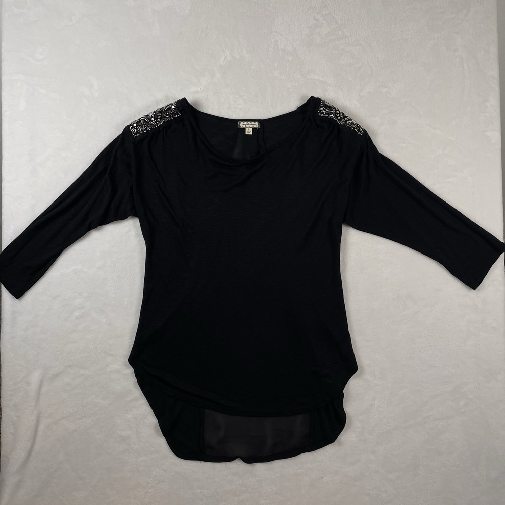 Women's Long Sleeve Dark Romantic Shirt Size L Sheer‎ Flowy Beaded Sparkly